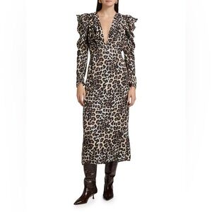 FARM Rio Leopard Print Long Sleeve Midi Dress - NWT